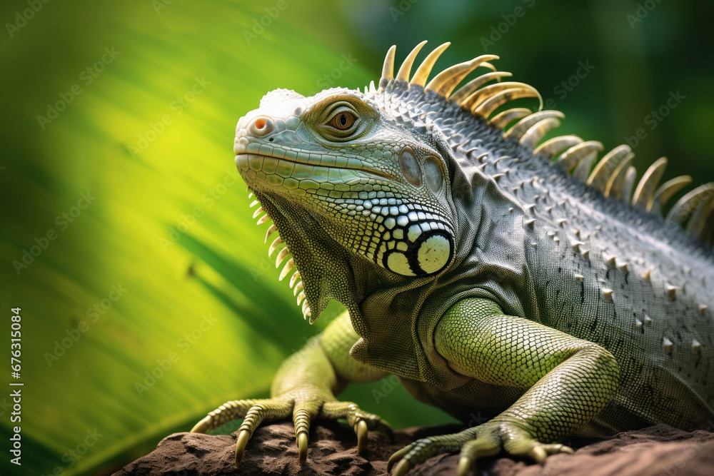 Fototapeta premium A big green iguana lizard in nature.