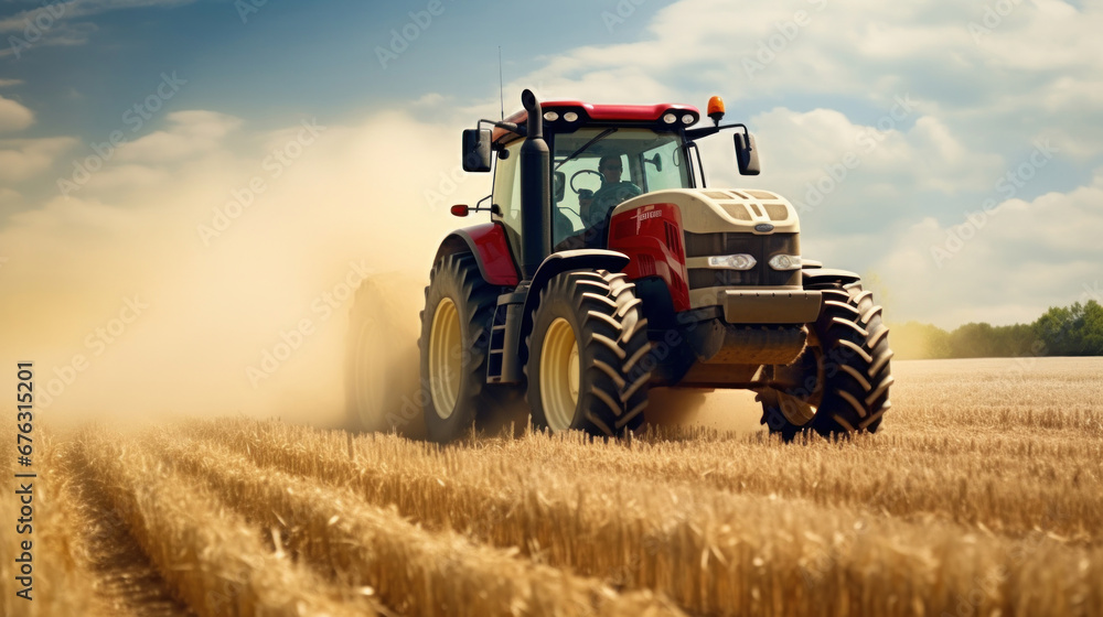 Obraz premium A big powerful tractor pulls the field.