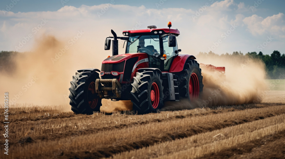Fototapeta premium A big powerful tractor pulls the field.
