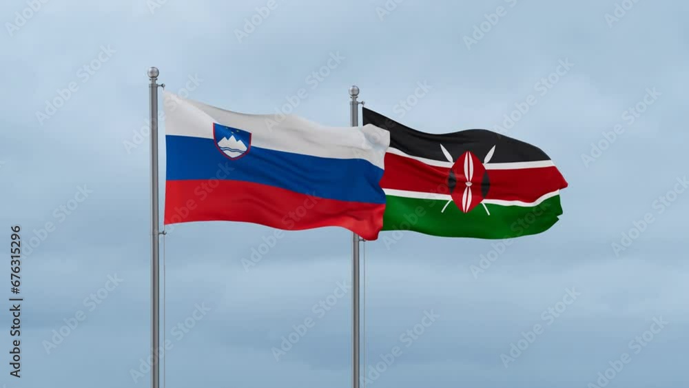 Kenya flag and Slovenia flag waving together on cloudy sky, endless seamless loop, two country relations concept Kenya flag and Slovenia flag waving together on cloudy sky, endless seamless loop, two country relations concept