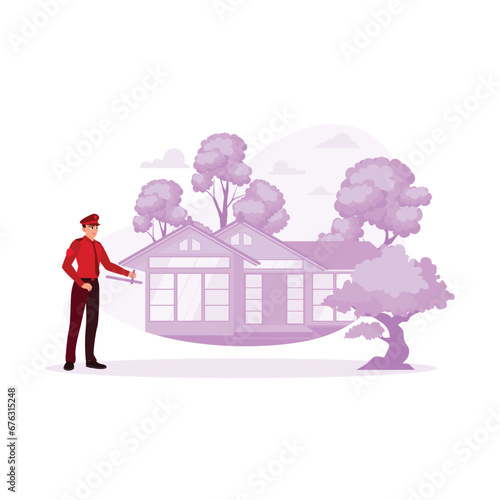 Security guards go around looking after the security of the housing complex. Portable wireless transceiver guard to residential complex. Various occupations people concept. 