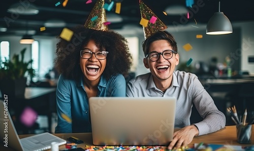 Corporate businesspeople having fun in corporate party at office, celebrating spacial event, corporate anniversary, business success. Happy diverse coworkers wearing party hats with falling confetti photo