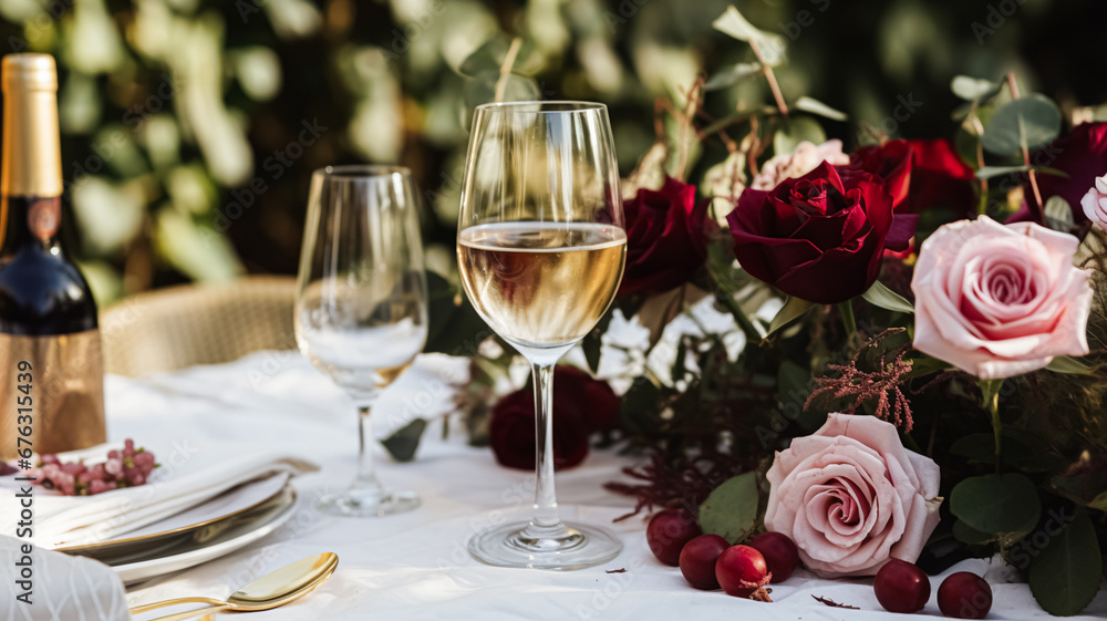 Wedding and event celebration tablescape with flowers, formal dinner table setting with roses and wine, elegant floral table decor for dinner party and holiday decoration, home styling Wedding and event celebration tablescape with flowers, formal dinner table setting with roses and wine, elegant floral table decor for dinner party and holiday decoration, home styling