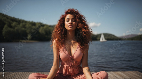 Bellissima ragazza con capelli rossi e ricci mentre fa yoga e meditazione in riva ad un lago