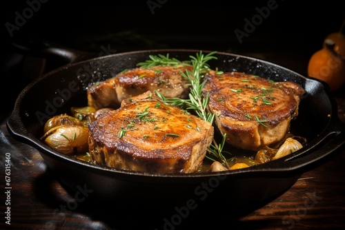 Sizzling Mastery: Juicy Pork Chops Expertly Cooked in a Cast Iron Pan, a Culinary Symphony of Flavor and Texture