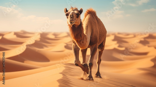 A camel going through the sand dunes, Gobi desert Mongolia.