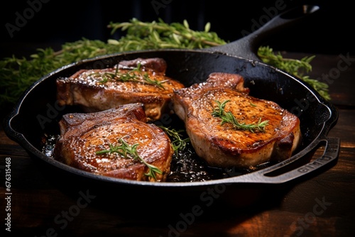 Sizzling Mastery: Juicy Pork Chops Expertly Cooked in a Cast Iron Pan, a Culinary Symphony of Flavor and Texture