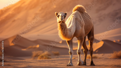 A camel going through the sand dunes  Gobi desert Mongolia.