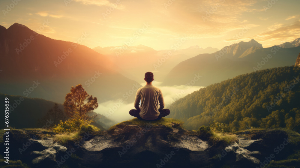 Meditation, landscape and man sitting on mountain top for mindfulness and spirituality. Peaceful, stress free and focus in nature with view, for mental health, zen and meditating practise - obrazy, fototapety, plakaty 