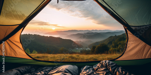 view from a tent in the mountains photo