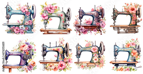 Sewing machine with flower watercolor illustration clipart. Generative AI