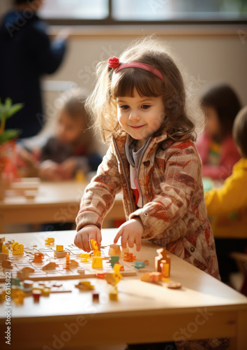 children play in Montessori kindergarten, baby, child, kid, early development, playroom, nursery, primary school, game, fine motor skills, boy, girl, childhood, portrait, face, toddler, room, home