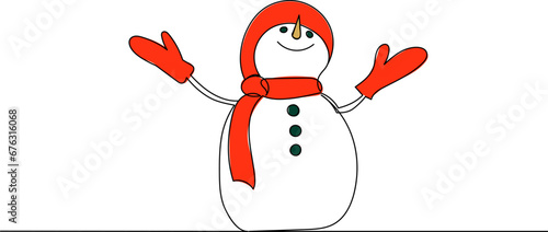 snowman rejoices sketch, continuous line drawing, vector
