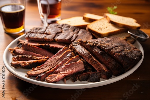 Smoked Perfection: Sliced Beef Brisket Artfully Presented on a Serving Plate, Paired with Toast for a Delectable Culinary Experience