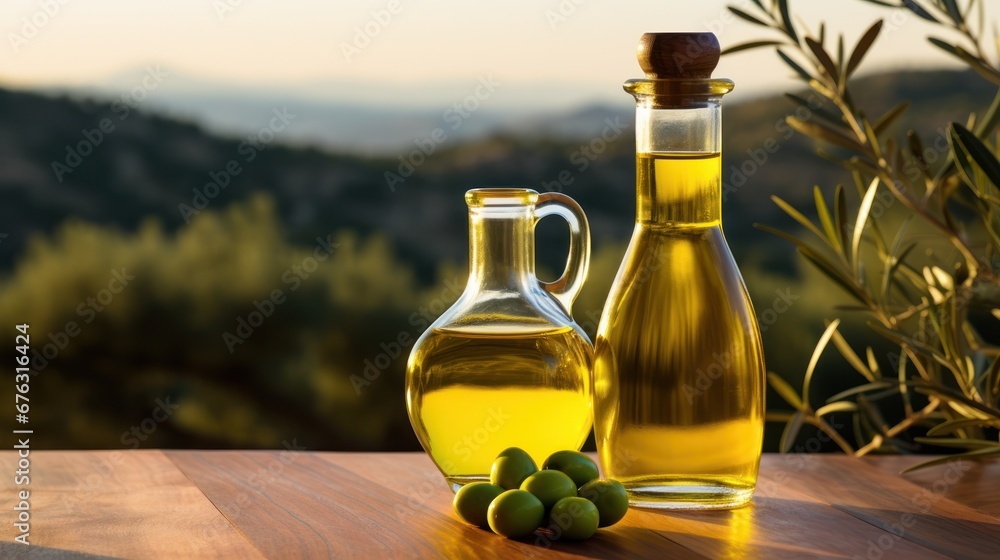 a olive oil bottle on wooden table placed against the background of olive farm 