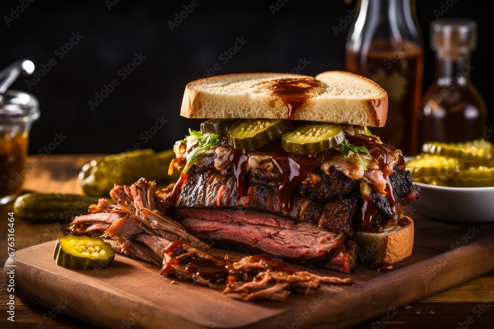 Smokin' Sensation: Savory Smoked Barbecue Beef Brisket Sandwich, Layered with Pickles and Drizzled with Bold BBQ Sauce Smokin' Sensation: Savory Smoked Barbecue Beef Brisket Sandwich, Layered with Pickles and Drizzled with Bold BBQ Sauce