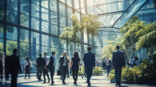abstract Blue business people crowd walking at corporate office with nature background in the middle of the city photo
