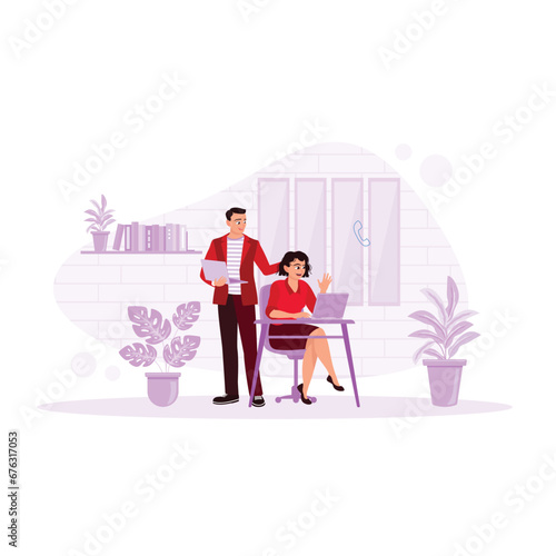 Happy coworkers using laptop computers while working. They work together on business projects in the office. Relationship concept. Trend Modern vector flat illustration