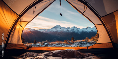view from a tent in the snowy mountains