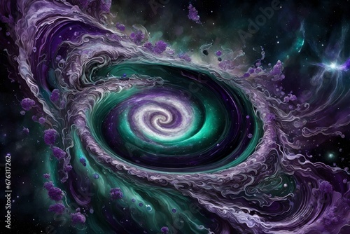 Liquid emerald and amethyst swirling in a cosmic maelstrom
