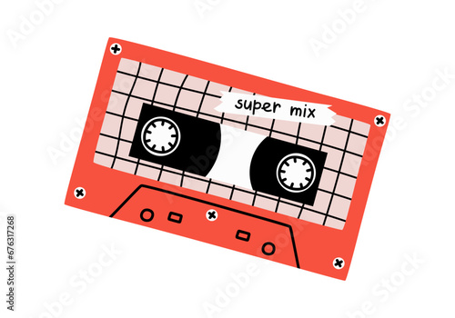 Hand drawn cute cartoon illustration of retro music cassette. Flat vector old audio tape sticker in simple colored doodle style. Sound record device icon or print. Super mix lettering. Isolated.