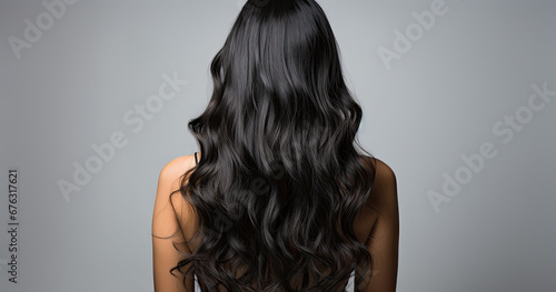 Back view black wavy beautiful long curly hair  photo