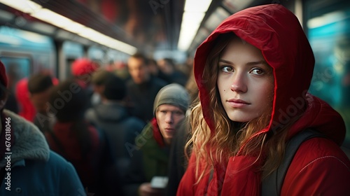 Behind a woman wearing a red hoodie standing at busy subway with blurry people around © CStock