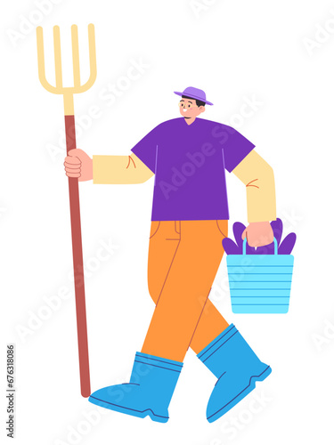 Man farmer holding gardening cultivate harvesting plant in bucket holding fork pitchfork flat colored illustration gardener