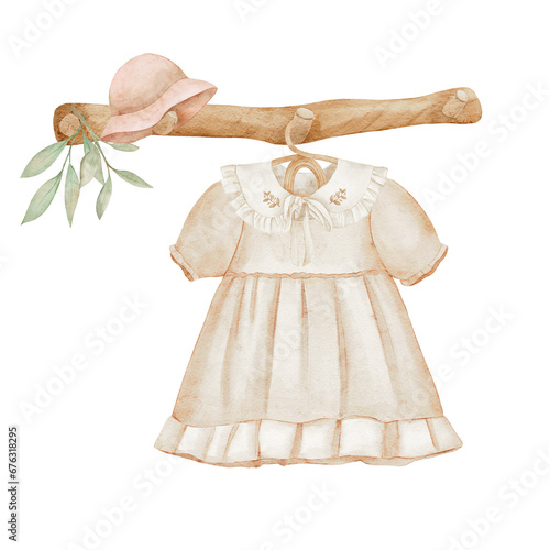 Watercolor illustration beige kids dress with cute shoes on a hanger on a beige background. Fashion kids outfit and accessories for summer.	
