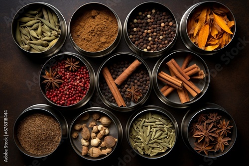 Spice Symphony: Overhead View of Diverse Indian Chai Spices Nestled in Metal Tins, Aromatic Elegance Captured