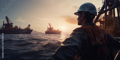 an oil worker is sitting on a boat in the sea photo