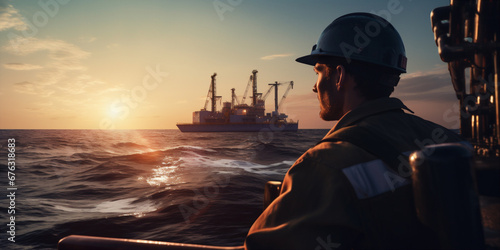 an oil worker is sitting on a boat in the sea © xartproduction