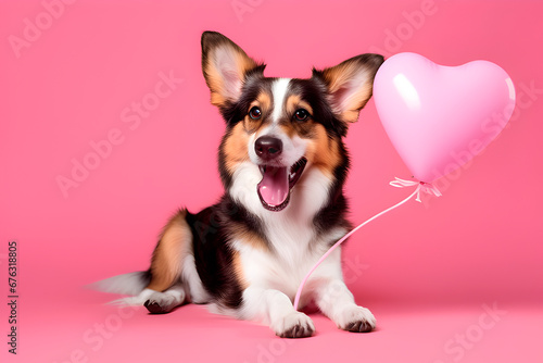 Cute Welsh corgi dog with heart shaped balloon on pink background. IA generativa
