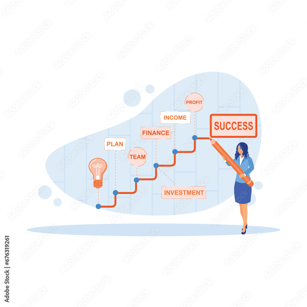 Businesswoman making strategy plan to success on the wall. Concept of development, growth and career success. Career Development Concept. Trend Modern vector flat illustration Businesswoman making strategy plan to success on the wall. Concept of development, growth and career success. Career Development Concept. Trend Modern vector flat illustration