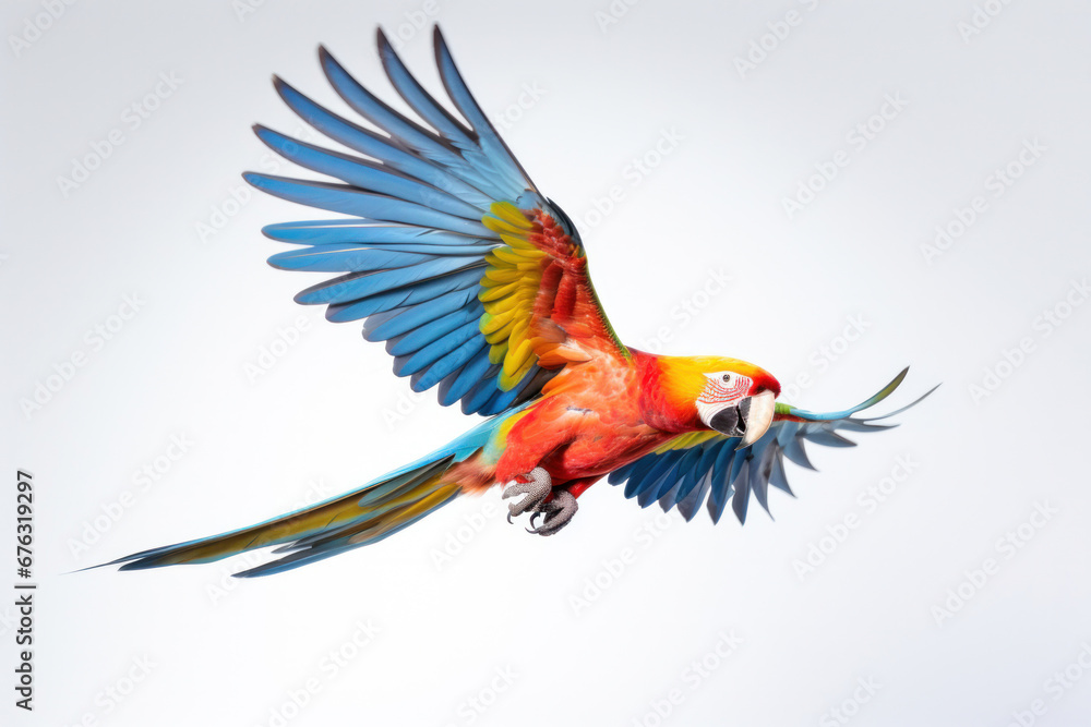Fototapeta premium A colorful parrot flying on white background.