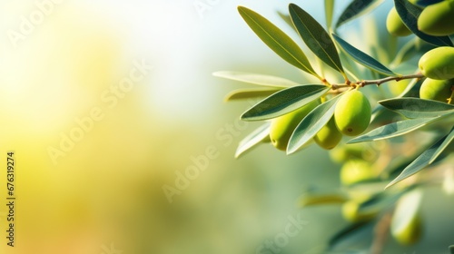 Green Olive Branch on blur Nature Background with Copy Space 