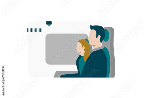 Flat vector of a couple sitting in train or bus with window and surveillance camera. Public transport interior scene for safety, travel, commuting, and smart mobility concepts.