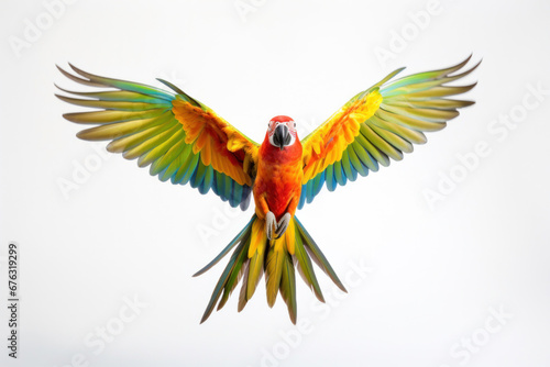 A colorful parrot flying on white background. photo