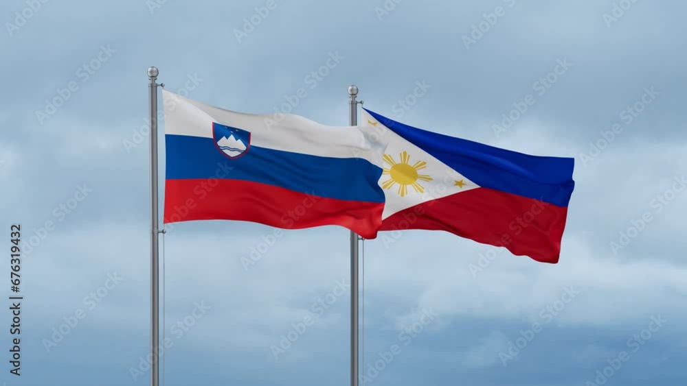 Philippines and Slovenia flag waving together on cloudy sky, endless seamless loop, two country cooperation concept Philippines and Slovenia flag waving together on cloudy sky, endless seamless loop, two country cooperation concept