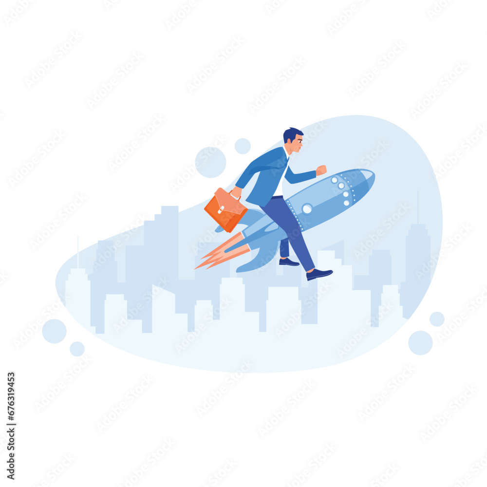 Businessman carrying briefcase flying using jet rocket on blue sky background. Success in business and career concept. Career Development Concept. Trend Modern vector flat illustration Businessman carrying briefcase flying using jet rocket on blue sky background. Success in business and career concept. Career Development Concept. Trend Modern vector flat illustration