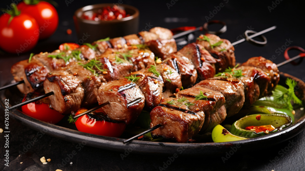 Traditional Kebab. Juicy pork skewers with vegetable