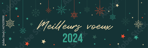Meilleurs vœux 2024 - Flocons de neige et vœux - Bannière vectorielle éditable pour les fêtes de Noël et le jour de l'an - Vacances d'hiver - Fond blanc, typographie et flocons de neige - 2024 