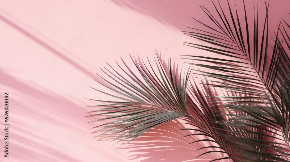 Obraz premium Palm leaves and shadow,Light pink background for product presentation with natural light and shadow