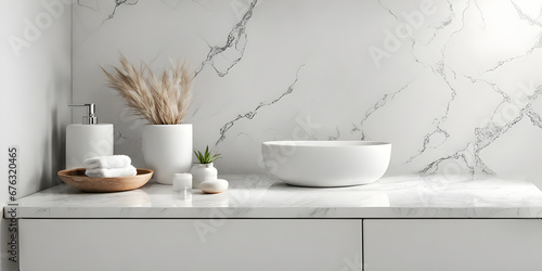 White bathroom interior. Empty marble table top for product display with blurred bathroom interior background.