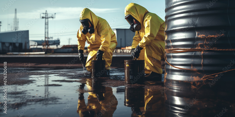 two workers in protective suits - obrazy, fototapety, plakaty 