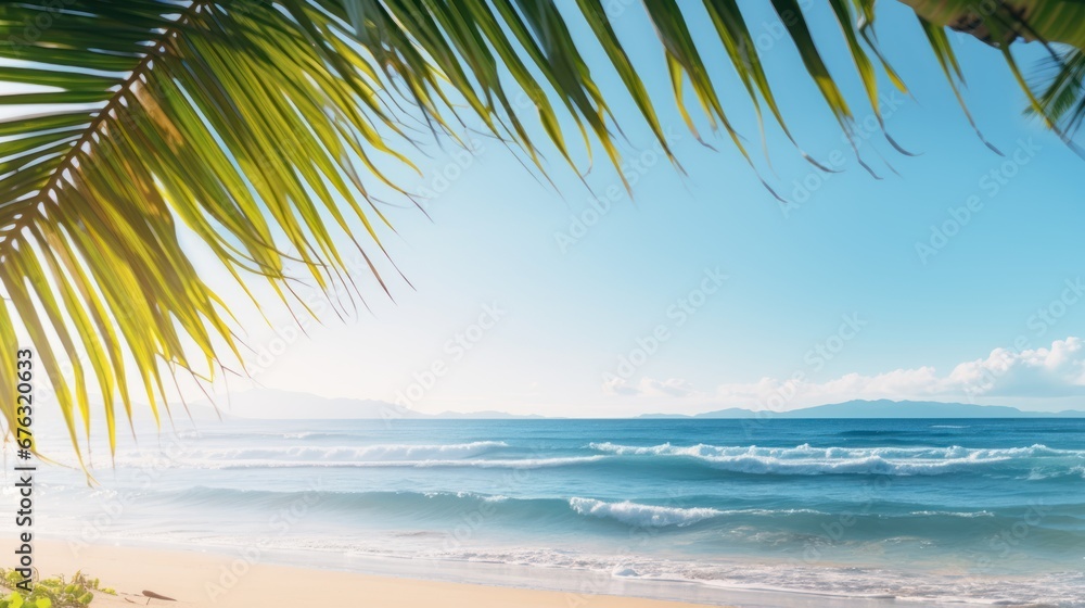 Sunny Tropical Beach With Palm Leaves Copy Space