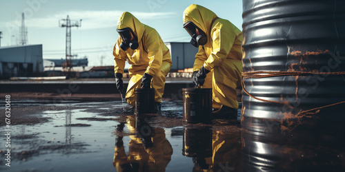 two workers in protective suits photo