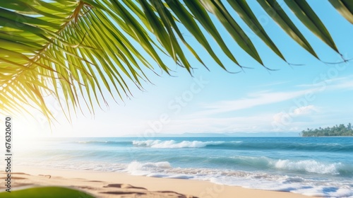 Sunny Tropical Beach With Palm Leaves Copy Space