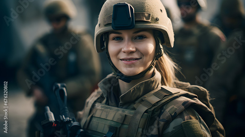 Portrait of smile young woman in uniform background team army. Banner private military mission © Adin