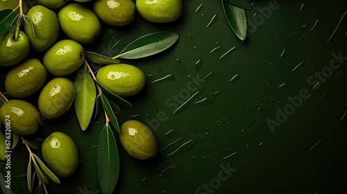 Top view Green olives with leaves on dark green background photo